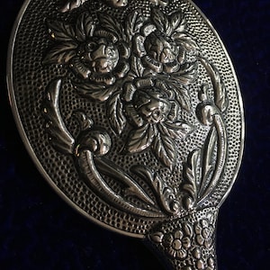 Silver Hand Mirror in Art Nouveau Style, Floral Pattern Embossed 925 Mirror