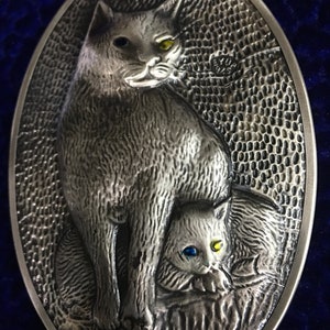 Silver Hand Mirror in Art Nouveau Style, Cat Pattern Embossed 925 Mirror