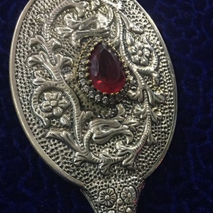 Silver Hand Mirror with Stone in Art Nouveau Style, Floral Pattern Embossed 925 Mirror