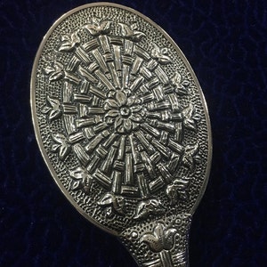 Silver Hand Mirror in Art Nouveau Style, Floral Pattern Embossed 925 Mirror