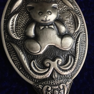 Art Nouveau Style Silver Hand Mirror , Teddy Bear Pattern Embossed 925 Mirror