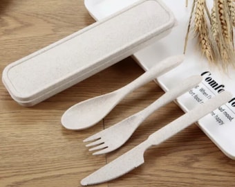 Eco Portable Reusable Travel Wheat Straw Cutlery Set with Box