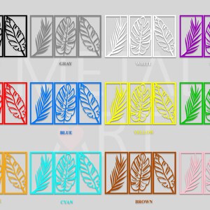 May include: A collection of metal wall art panels in various colors, each featuring a set of three stylized leaf designs within a rectangular frame. Colors include black, gray, white, purple, red, blue, yellow, green, orange, cyan, brown, and pink.