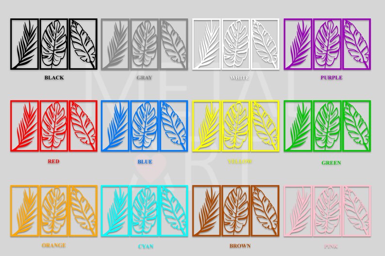May include: A collection of metal wall art panels in various colors, each featuring a set of three stylized leaf designs within a rectangular frame. Colors include black, gray, white, purple, red, blue, yellow, green, orange, cyan, brown, and pink.