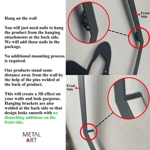 May include: Close-up of a black metal wall art piece with hanging brackets on the back. The text on the image says "Hang on the wall" and describes the mounting process. The metal art has a 3D effect.