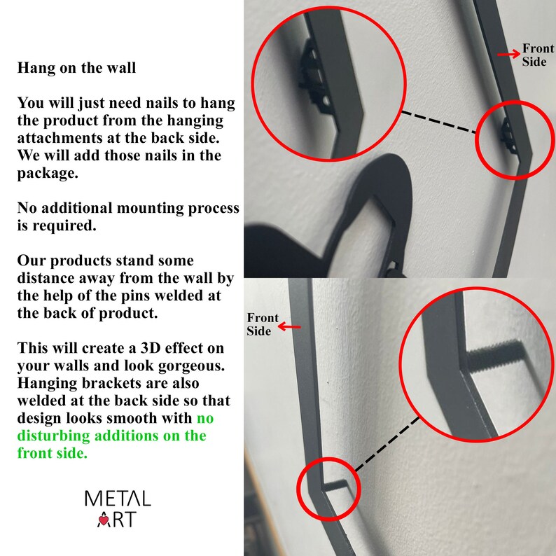 May include: Close-up of a black metal wall art piece with hanging brackets on the back. The text on the image says "Hang on the wall" and describes the mounting process. The metal art has a 3D effect.