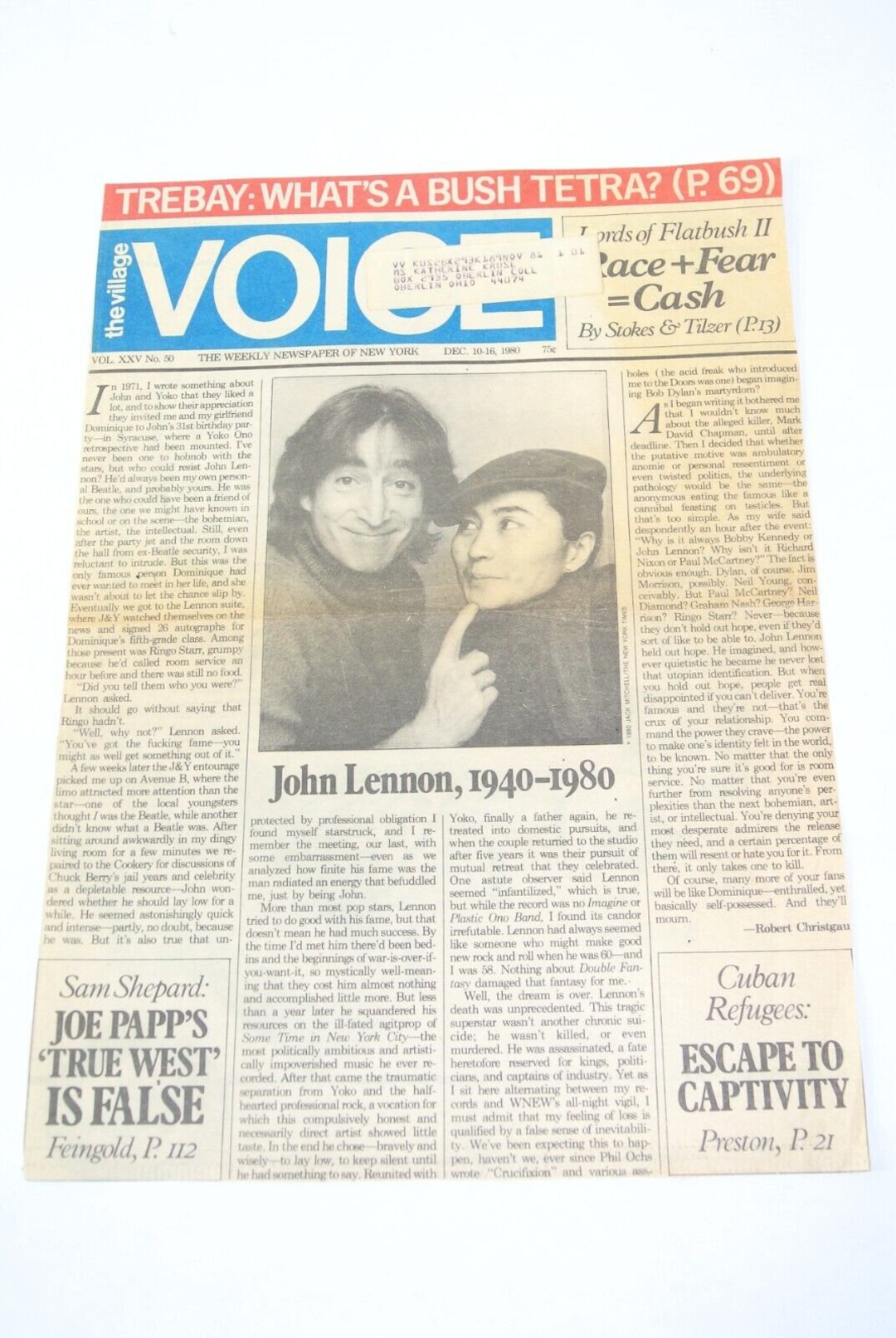 John Lennon Village Voice Eulogy Robert Christagau Dec. 1016 1980