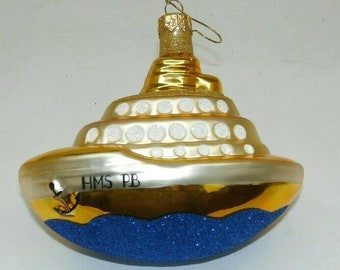 Patricia Breen HMS PB Ship Gold & Blue Blown Glass Ornament