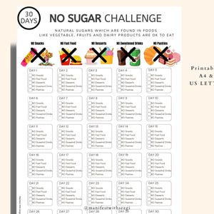 Sfida senza zucchero di 30 giorni stampabile / Tracker senza zucchero / Disintossicazione da zucchero / Evita lo zucchero / Download digitale - PDF stampabile in formato A4 e US Letter