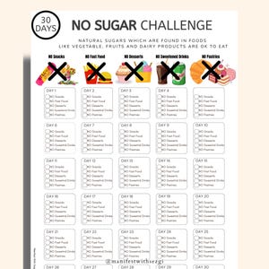 30 Day No Sugar Challenge Printable | No Sugar Tracker | Sugar Detox | Avoid Sugar | Digital download - PDF printable A4 & US Letter