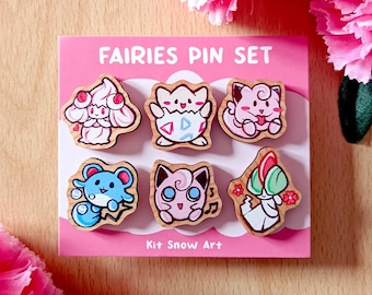 Fairy Type Wooden Pin Set, Cute Pokemon Fairies Pins