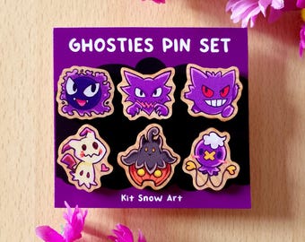 Ghost Type Wooden Pin Set, Spooky Pokemon Ghosties Pins