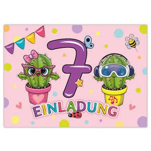 Einladungskarten zum 7. Kindergeburtstag Einladungen zum siebten Geburtstag für Mädchen Kaktus