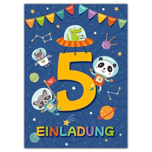 Einladungskarten zum 5. Kindergeburtstag Einladungen zum fünften Geburtstag für Jungen und Mädchen Tiere im Weltraum