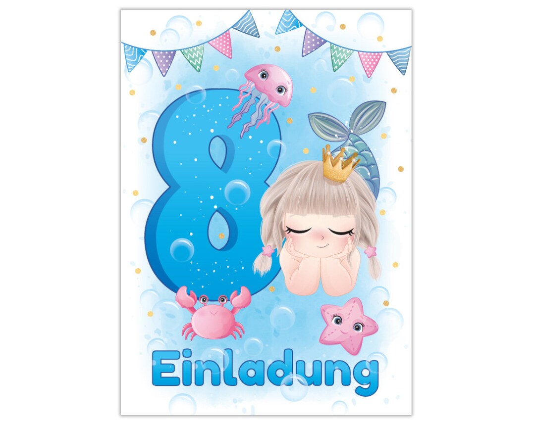 JuNa-Experten Einladungskarten Für 8. Geburtstag – Meerjungfrau-Motiv, 12 Stück, A6, UV-lackiert