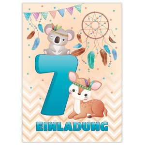 Einladungskarten zum 7. Kindergeburtstag Einladungen zum siebten Geburtstag für Mädchen und Jungen Tiere Indianer