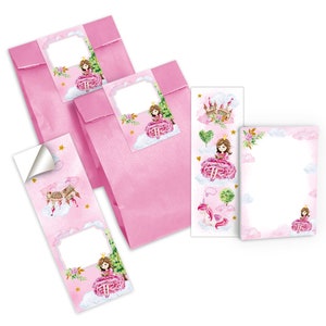 Mitgebsel-Set Tüten + Mini-Notizblöcke + Lesezeichen + Aufkleber kleine Gastgeschenke für Kindergeburtstag für Mädchen Prinzessin