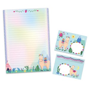 Briefpapier-Set A4 süße Lama Briefblock Blöcke Umschläge für Kinder Mädchen Geschenk Idee Gastgeschenk zum Geburtstag Alpaka Berge blau