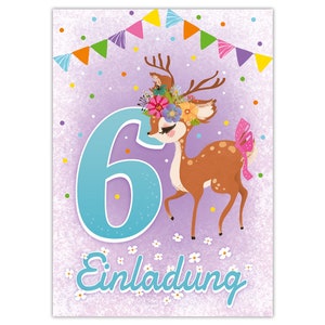 Einladungskarten zum 6. Kindergeburtstag Einladungen zum sechsten Geburtstag für Mädchen Reh