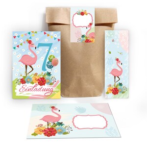 Einladungskarten zum 7. Kindergeburtstag incl. Tüten, Aufkleber und Mitgebsel (Lesezeichen oder Mini-Blöcke) siebte Geburtstag Flamingo