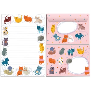 Juego de papelería, sobres para bloc de notas, para niños, niñas, gatos, bloc de notas A5, idea de regalo, niñas, niños, gatos, animales, mascotas