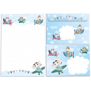 Briefpapier-Set Briefblock Blöcke Umschläge für Kinder Tiere im Flugzeug für Mädchen Jungen Jungs A5