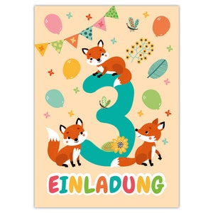 Einladungskarten zum 3. Kindergeburtstag Einladungen zum dritten Geburtstag für Mädchen und Jungen Tiere Fuchs
