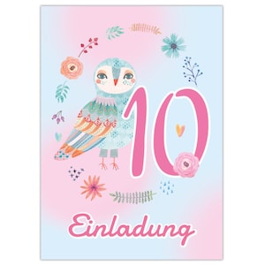 Einladungskarten zum 10. Kindergeburtstag Einladungen zum zehnten Geburtstag für Mädchen Eule
