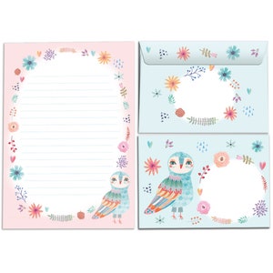 Briefpapier-Set Briefblock Umschläge für Kinder Mädchen Eule Papier für Briefe Tiere Blumen Mädels Geschenk für Oma Opa Freunde rosa blau A5