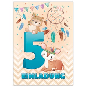 Einladungskarten zum 5. Kindergeburtstag Einladungen zum fünften Geburtstag für Mädchen und Jungen Tiere Indianer