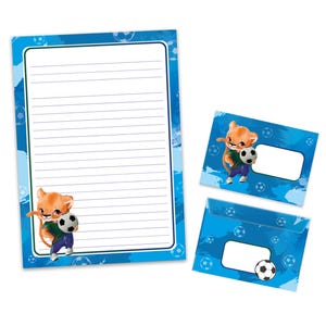 Briefpapier-Set A4 Fußball Löwe Briefblock Blöcke Umschläge für Jungen Kinder Geschenk Idee Gastgeschenk zum Geburtstag Fussball Tiere blau