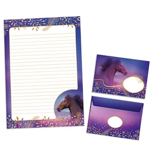 Può includere: Set di cancelleria con illustrazione di cavallo. Il set include un blocco per scrivere a righe, una busta e un biglietto. I disegni hanno un bordo floreale viola e oro. Il cavallo è marrone con una criniera fluente, su uno sfondo di tramonto.