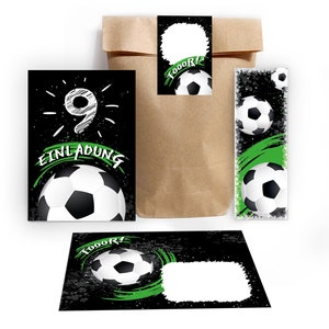 Einladungskarten zum 9. Kindergeburtstag incl. Tüten, Aufkleber und Mitgebsel (Lesezeichen oder Mini-Blöcke) neunte Geburtstag Fussball