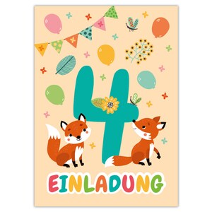 Einladungskarten zum 4. Kindergeburtstag Einladungen zum vierten Geburtstag für Mädchen und Jungen Tiere Fuchs