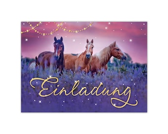 Einladungskarten zum Kindergeburtstag Einladungen für Mädchen drei Pferde lila Pferd