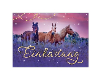 May include: Three brown horses stand in a field of purple flowers with a pink and purple sky in the background. The sky is dotted with gold stars and a string of gold lights hangs above the horses. The text "Einladung" is written in gold script at the bottom of the image.
