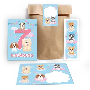 Einladungskarten zum 7. Kindergeburtstag incl. Tüten, Aufkleber und Mitgebsel (Lesezeichen oder Mini-Blöcke) siebte Geburtstag Hunde