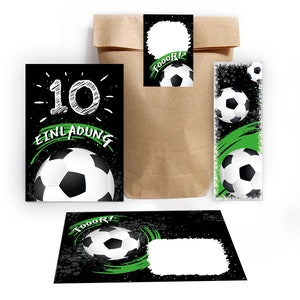Einladungskarten zum 10. Kindergeburtstag incl. Tüten, Aufkleber und Mitgebsel (Lesezeichen oder Mini-Blöcke) zehnte Geburtstag Fussball