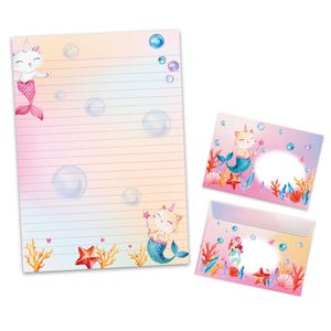 Briefpapier-Set A4 Katzen Nixe Briefblock Blöcke Umschläge für Mädchen Kinder Geschenk Idee Gastgeschenk zum Geburtstag Meerjungfrau rosa
