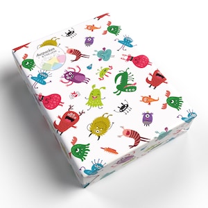 Geschenkpapier für Kinder "Monster" für kleine Geschenke für Weihnachten Geburtstag  (5 Bögen + 5 Aufkleber + 18 Verschlusspunkte)