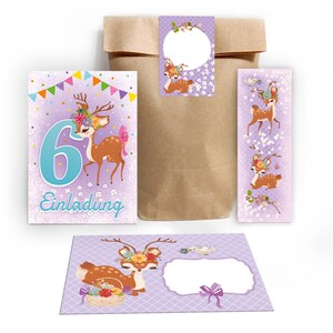 Einladungskarten zum 6. Kindergeburtstag incl. Tüten, Aufkleber und Mitgebsel (Lesezeichen oder Mini-Blöcke) sechste Geburtstag Reh