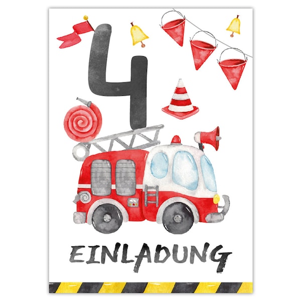 Einladungskarten zum 4. Kindergeburtstag Einladungen zum vierten Geburtstag für Jungen Feuerwehrauto Feuerwehr