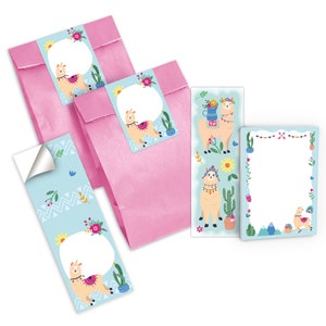 Mitgebsel-Set Tüten + Mini-Notizblöcke + Lesezeichen + Aufkleber kleine Gastgeschenke für Kindergeburtstag für Mädchen Jungen Lama