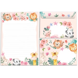 Briefpapier-Set Briefblock Blöcke Umschläge für Kinder Tiere Löwe Giraffe Tiger für Mädchen Jungen Jungs A5