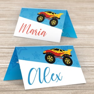 Tischkarten Kindergeburtstag Namenskarten Taufe Platzkarten Kommunion Tischdeko Konfirmation Monster-Trucks Tischkärtchen für Geburtstag