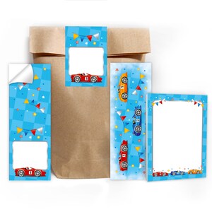 Mitgebsel-Set Tüten + Mini-Notizblöcke + Lesezeichen + Aufkleber kleine Gastgeschenke für Kindergeburtstag für Jungen Rennauto