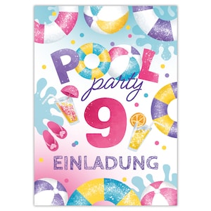 Einladungskarten zum 9. Kindergeburtstag Einladungen zum neunten Geburtstag für Mädchen Schwimmbad Pool-Party