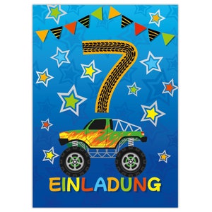 Einladungskarten zum 7. Kindergeburtstag Einladungen zum siebten Geburtstag für Jungen Monster-Truck