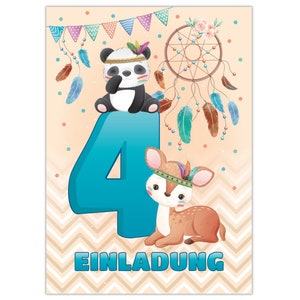 Einladungskarten zum 4. Kindergeburtstag Einladungen zum vierten Geburtstag für Mädchen und Jungen Tiere Indianer