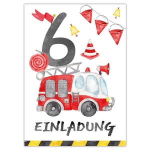 Einladungskarten zum 6. Kindergeburtstag Einladungen zum sechsten Geburtstag für Jungen Feuerwehrauto Feuerwehr